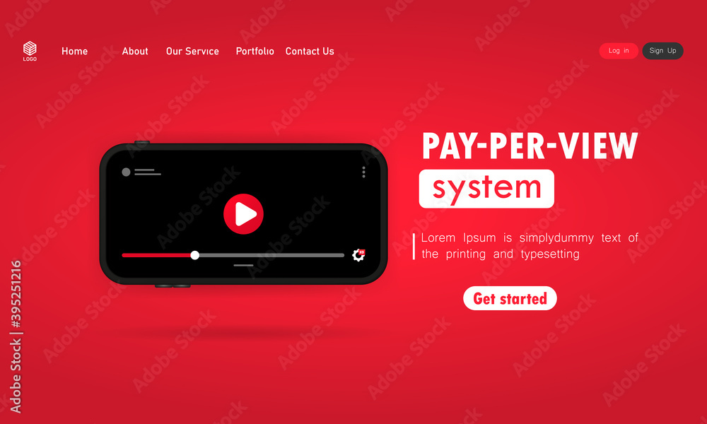 Poster pay per view system illustration. smartphone with video player on display. vector on isolated backgr