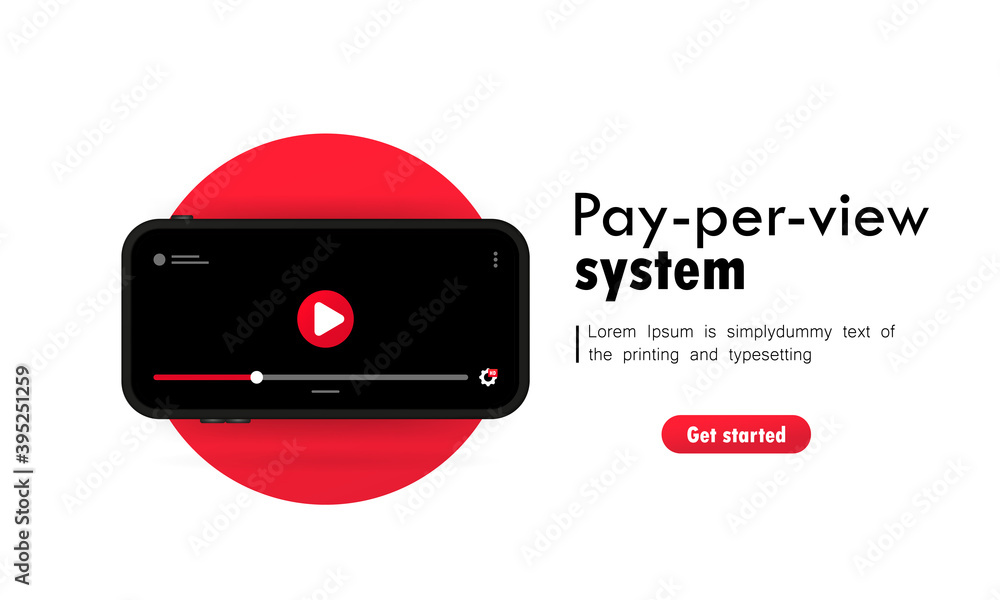 Poster pay per view system illustration. smartphone with video player on display. vector on isolated white 
