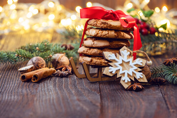Close-up of Christmas festive sweets food border background with copy space
