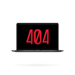 404 sign on laptop screen illustration. Error page or file not found concept. For web page, banner, social media, documents, cards, posters. Vector on isolated white background. EPS 10