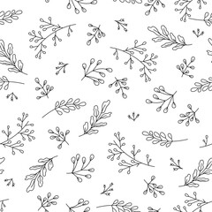 Hand drawn vector seamless pattern with floral elements. Vector pattern with leaves, twigs, branches, berries, grass. Black and white.