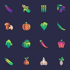 Healthy vegetables, filled outline icons set, line vector symbol collection, linear colorful pictogram pack. Signs logo illustration, Set includes icons as asparagus, pumpkin, broccoli, garlic, pepper