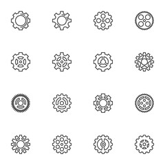 Gear shapes line icons set, outline vector symbol collection, linear style pictogram pack. Signs, logo illustration. Set includes icons as bicycle gear, clock mechanism, cogwheel, cog