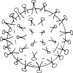 Black and white line work hand drawn cartoon cell of covid 19.