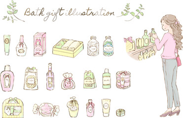 バスギフトを選ぶ女性とバスギフトのイラストセット