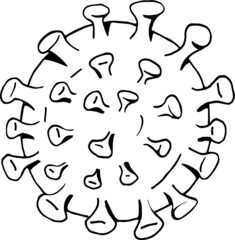 Black and white line work hand drawn cartoon cell of covid 19.