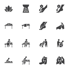 Massage therapy vector icons set, modern solid symbol collection, filled style pictogram pack. Signs, logo illustration. Set includes icons as Spa salon, foot massage oil, lotus flower, candle