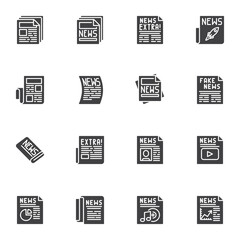 Newspaper news vector icons set, modern solid symbol collection, filled style pictogram pack. Signs, logo illustration. Set includes icons as daily information article, media document headline