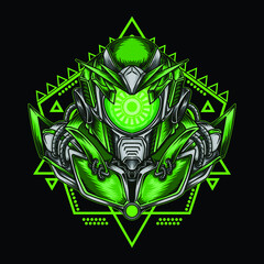 artwork illustration and t-shirt design cyclops robot head with sacred geometry premium vector