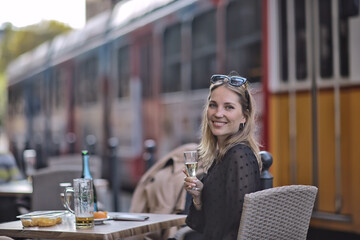 street cafe girl spring view, seasonal cafe beautiful model posing