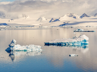 Bergy bits of an iceberg floating in the sea with snow covered mountains in the background and a cloudy sky