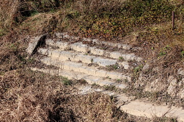 Old outdoor stairs made from stone and concrete on side of river bank covered with dense overgrown...
