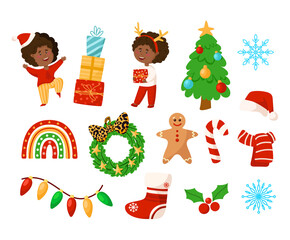 Christmas and New Year kids clipart - cartoon african american boy and girl, Christmas wreath and Tree, festive decorations, holly, gingerbread man, rainbow, gift box, garland, candy cane - vector