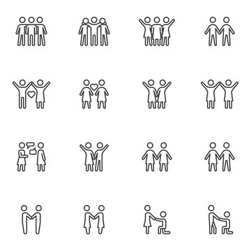 Friendship and love line icons set, outline vector symbol collection, linear style pictogram pack. Signs, logo illustration. Set includes icons as people love, couple relationship, marriage proposal