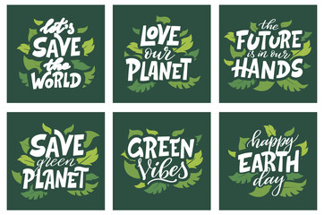 Set of hand drawn eco lettering posters. Think green. Ecology theme template with lettering. Vector illustration on white background