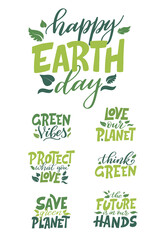 Set of hand drawn eco lettering posters. Think green. Ecology theme template with lettering. Vector illustration on white background
