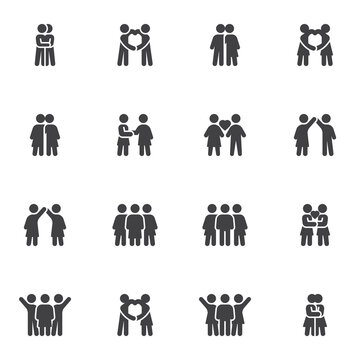 Love and friendship vector icons set, modern solid symbol collection, filled style pictogram pack. Signs, logo illustration. Set includes icons as people relationship, man and woman couple, lovers