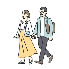 仲良く手を繋いで歩くカップル、夫婦のイラスト素材