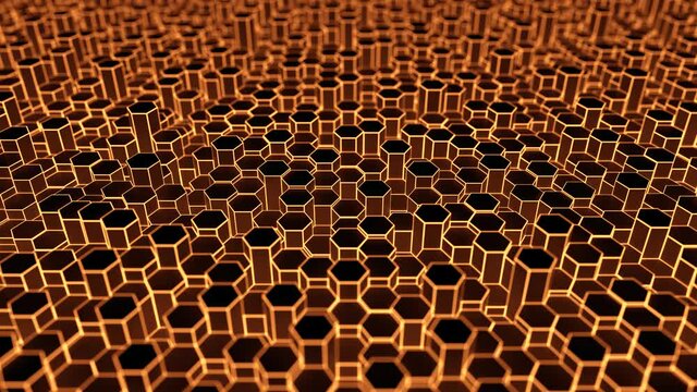 Glowing orange and black hexagonal prisms futuristic pattern, looping 3D animation