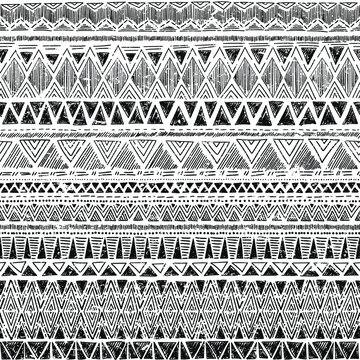 black and white ethnic tribal vector background with decorative folk elements. Aztec abstract geometric art print. Shabby pattern. Aging effect. Wallpaper, cloth design, fabric, tissue, cover, textile