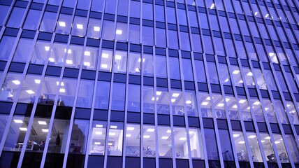 Pattern of office buildings windows illuminated at night. Lighting with Glass architecture facade design with reflection in urban city.