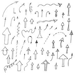 Set of arrows of different shapes, vector illustration, hand drawing