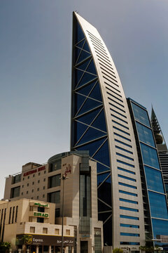 Riyadh, Saudi Arabia - March 6, 2020: Hamad Tower with corporate offices and Al-Muthana Hotel on the King Fahd Road in Al Olaya