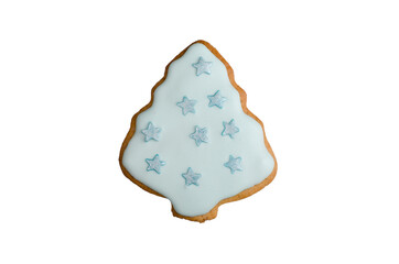 christmas tree honey gingerbread cookies homemade decorated with blue icing isolated on white, food background