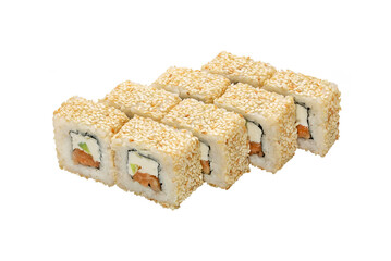 Japanese cuisine. Set maki roll with salmon in sesame. Copy space for promo text, isolated.