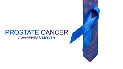 Cancer people. Blue ribbon, fashion tie isolated on white background. Awareness prostate cancer of...
