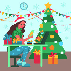 Obraz premium Celebrating New Year's party in quarantine mode. Internet party. The girl is celebrating with friends who live in different countries and cities, having fun in a video conference. 