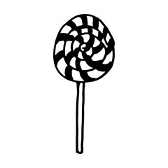 Doodle swirl lollipop illustration. Hand drawn dessert isolated on white background. Vector festive icon for candy shop poster. Sweet unhealthy food