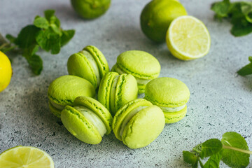 Macaroons. Green macaroons with lime and mint leaves. Delicious french desserts. Macaroons on the table