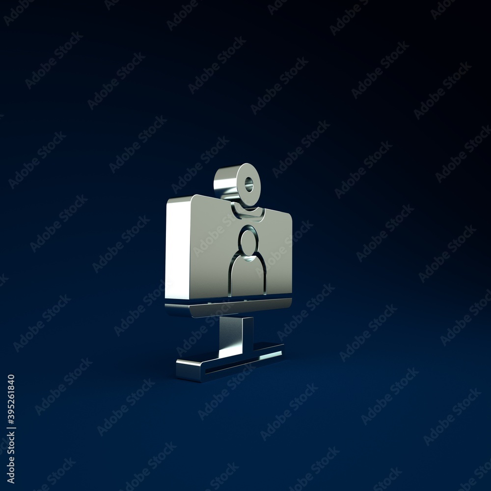 Poster silver video chat conference icon isolated on blue background. computer with video chat interface ac