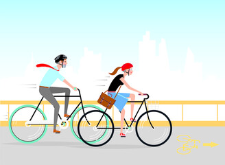 man and woman wearing bike helmets and riding at work in the big city in the morning. Vector illustration