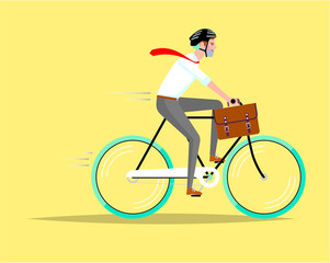 Business style man wearing a helmet, white shirt and a tie riding a bicycle at work. Vector