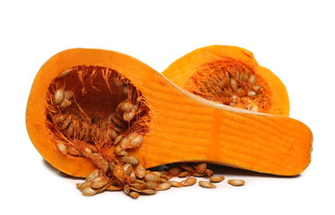 Ripe muscat squash sliced in half with seeds isolated on white background