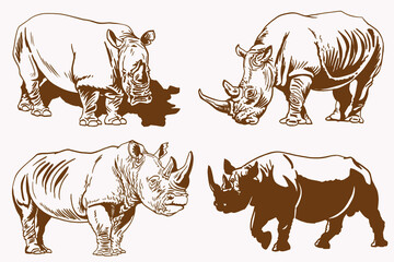 Vintage set of rhinoceroses , sepia background, vector