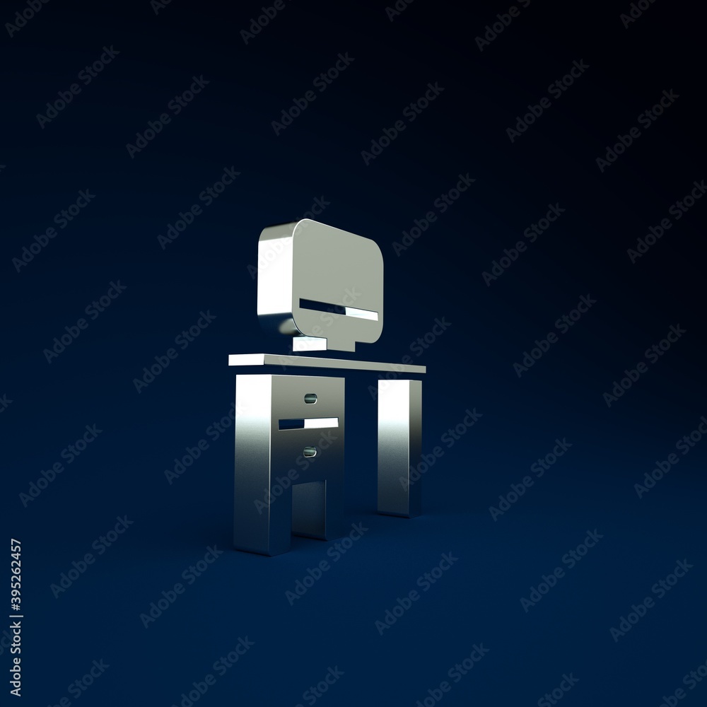 Poster silver computer monitor and desk icon isolated on blue background. pc component sign. minimalism con