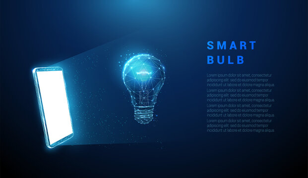 Abstract blue mobile phone, white screen, hologram light bulb