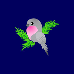 Bullfinch sitting on a branch of a Christmas tree on a winter day, vector illustration