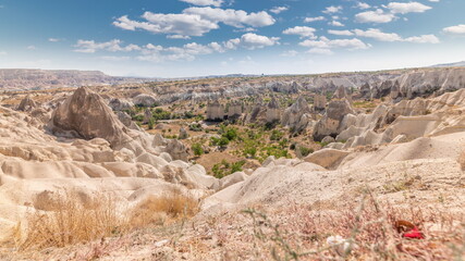 Red Valley and Rose Valley of Goreme of Nevsehir in Cappadocia aerial timelapse, Turkey.