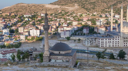 Aerial view to mosques from old castlethe in historical city town of Nevsehir timelapse