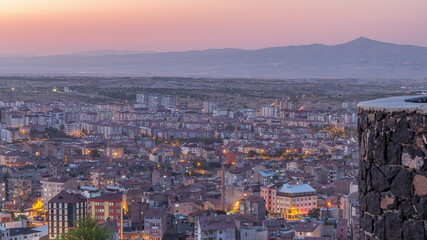 Aerial view from old castlethe in historical city town of Nevsehir day to night timelapse