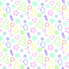Linear multicolored vector on a Christmas theme on a white background, seamless pattern