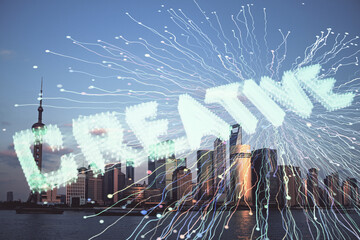 Double exposure of start up theme drawings over cityscape background. Concept of success.