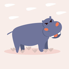 Cute angry Hippo. Vector illustration for children's books, postcards in simple Doodle style by hand
