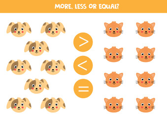 Comparison for kids. More, less with cartoon cat and dog faces.