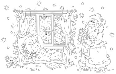 Santa Claus bringing a beautiful gift box to a cute little girl sleeping in a small bed on the snowy night before Christmas, a magic reindeer looking through a window of a decorated nursery room