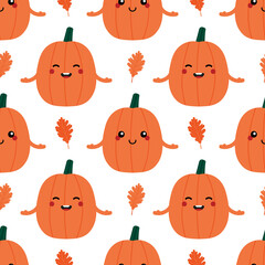 Cute smiling cartoon style pumpkin characters and oak leaves vector seamless pattern background for autumn, thanksgiving day.